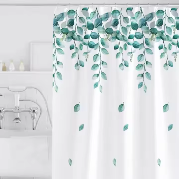 Cortina de Ducha, Cortina de Baño Impermeable, Cortina de Poliester Lavable en Máquina,180x200 cm Cortina de Baño,12 Ganchos, Estampados de Hojas Verdes - 1