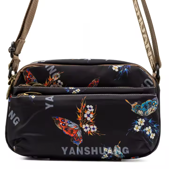 DUNNE BRAND YAN SHUANG Bandolera “Mariposas” - Negro y Multicolor, Algodón y Piel, Hecha a Mano, Regalo Especial - 1