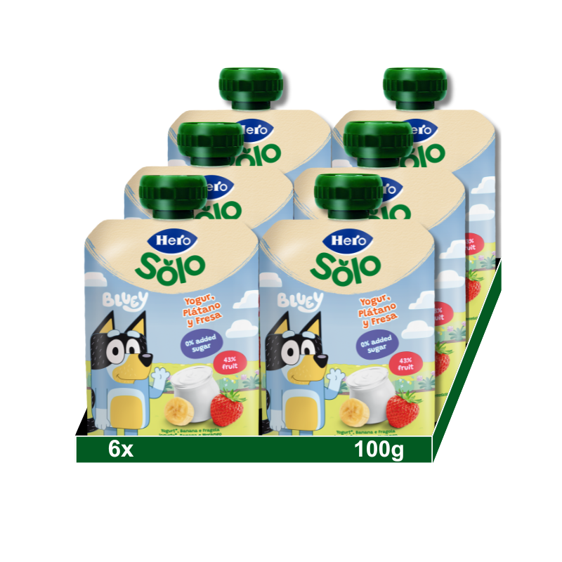 HERO Bolsitas Mi Fruta, yogurín con plátano y fresa, 6x100g