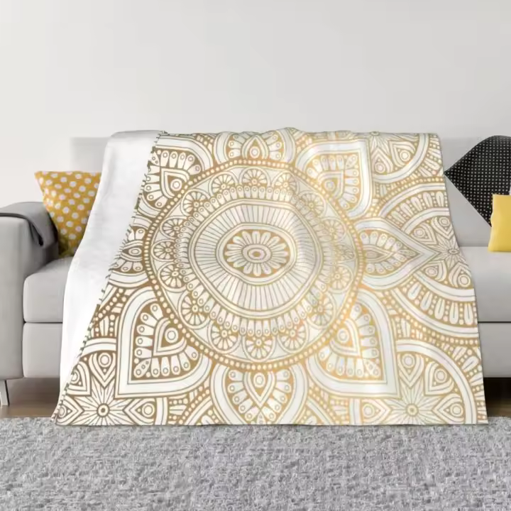 Manta Decorativa Polar Con Patrón De Mandala Dorado Y Brillo Blanco Manta De Terciopelo Coral Para Adultos Estilo Americano - 1