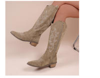 Botas De Vaquero Bordadas Para Mujer Con Punta Puntiaguda Y Tacón Grueso Botas Largas De PU Cuero Falso Botas De Rodilla Alta Para Otoño - details 9
