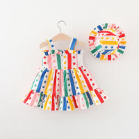 Vestido De Verano Para Bebé Niña Con Estampado De Rayas Y Puntos Y Sombrero Visera Vestido De Princesa Casual Algodón Poliéster Talla A-Line Longitud De Pierna - details 1