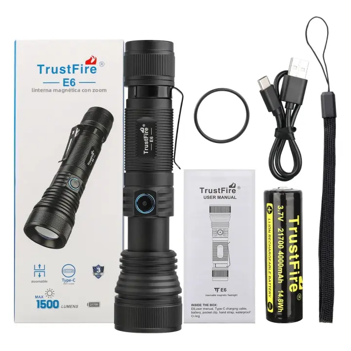 Linterna LED Recargable Trustfire E6 Con Función De Batería Y Ajuste De Zoom 1500 Lumens 550M Alcance Longitudinal Luz Portátil Con Imán - 1