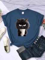 Camiseta Kawaii Para Mujer Con Estampado De Gato Negro Y Taza De Papel Cuello Redondo Transpirable Suave Verano Ropa De Calle - details 3