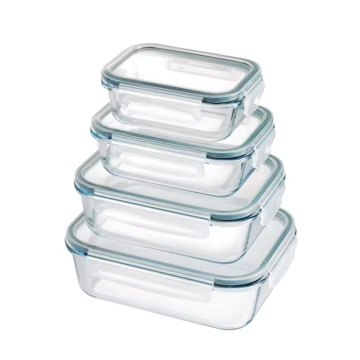 MAXHOME-*Set 4 fiambreras borosilic rectangulares 370-600-1000-1500ml,Juego de 4 recipientes de almacenamiento de alimentos de cristal,recipientes de vidrio con tapas - 1