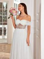 Mgiacy Vestido De Baño De Novia Elegante Con Hombro Solo Y Collar Bordado De Encaje Translúcido De Chiffón Vestido Largo Para Mujer - details 3