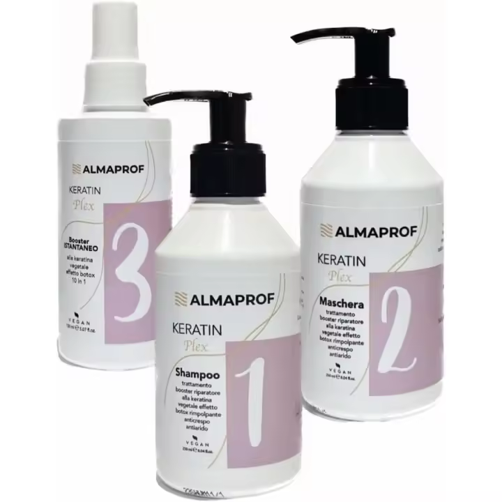 Set Almaprof keratin plex tratamiento con keratina vegetal champú + mascarilla + booster instantáneo 10 en 1 bótox vegano rellenador Kit completo - 1