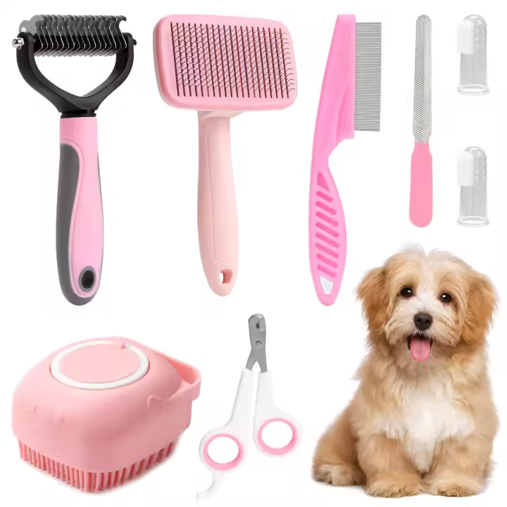 Set De Cepillado Para Perros De 8 Piezas Con Afeitadora Para Uñas Y Pétalos De Piedra Natural Cepillo De Baño Para Mascotas Herramienta De Aseo Para Perros - 1