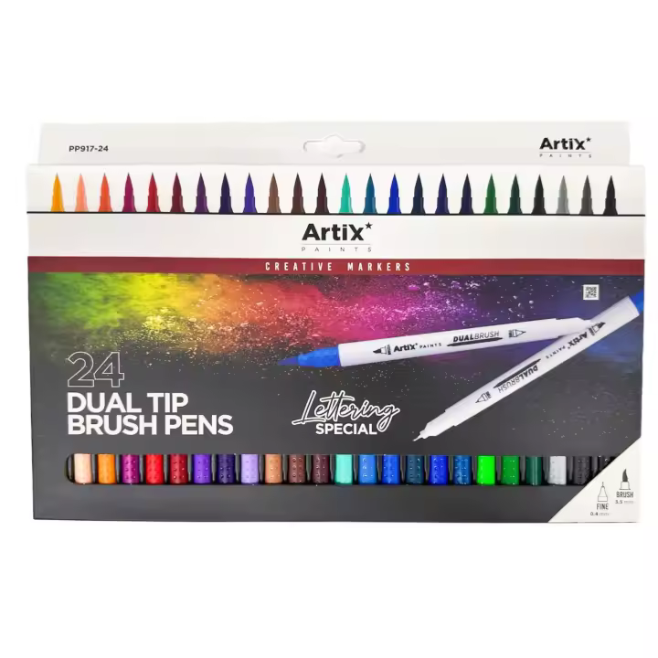 ARTIX Rotuladores Lettering, 24 Colores Surtidos, Brush Pens Punta Fina, Pincel Doble Punta, Marcadores Acuarelables, Especial para Lettering, Graffiti, Caligrafía, Dibujo, para Niños y Adultos (24） - 1
