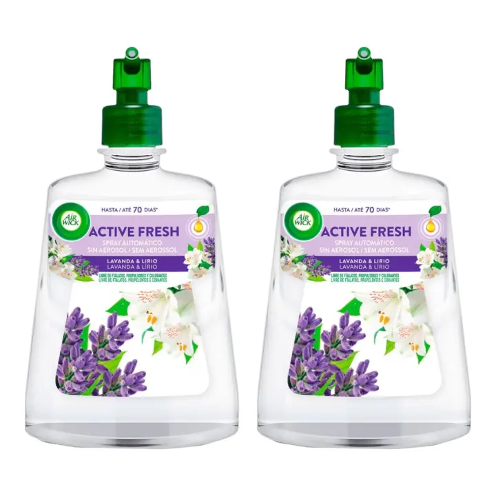 AIR WICK Pack de 2 botes de Active Fresh ambientador automático Olas del Océano y Sol Marino, Algodón suave, Flor de jazmín, Lavanda y lirio con aceites esenciales naturales recambio 228 ml - 1