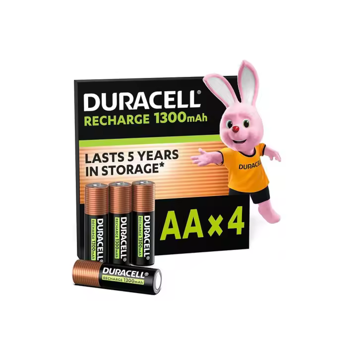 Duracell pilas recargables AA (Paquete de 4), 1300 mAh NiMH, 2000 ciclos de recarga, precargadas, gran duración, con 0% plástico 100% embalaje reciclable - 1