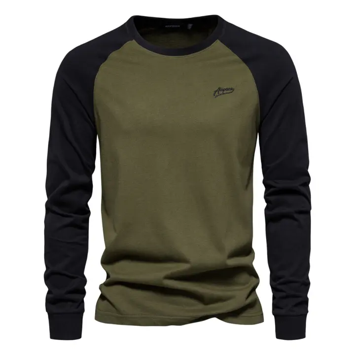MOV-Camiseta AIOPESON Para Hombres Algodón 100% Manga Larga Cuello Redondo Casual Primavera Tees De Diseñador Ropa Masculina - 1
