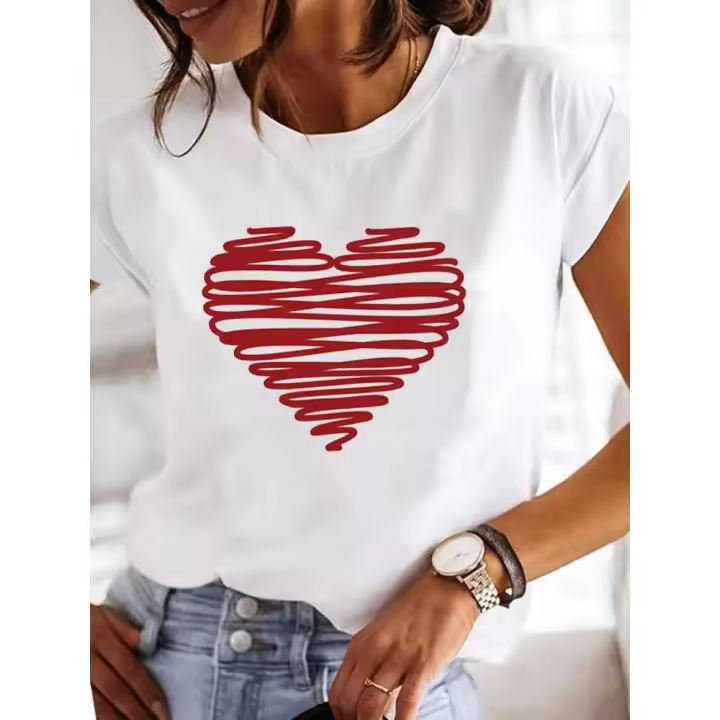 Camiseta De Mujer Estampada De Verano Casual Con Dibujos De Corazón Y Rayas Manga Corta Ropa Gráfica Y2Ktop Polyester - 1