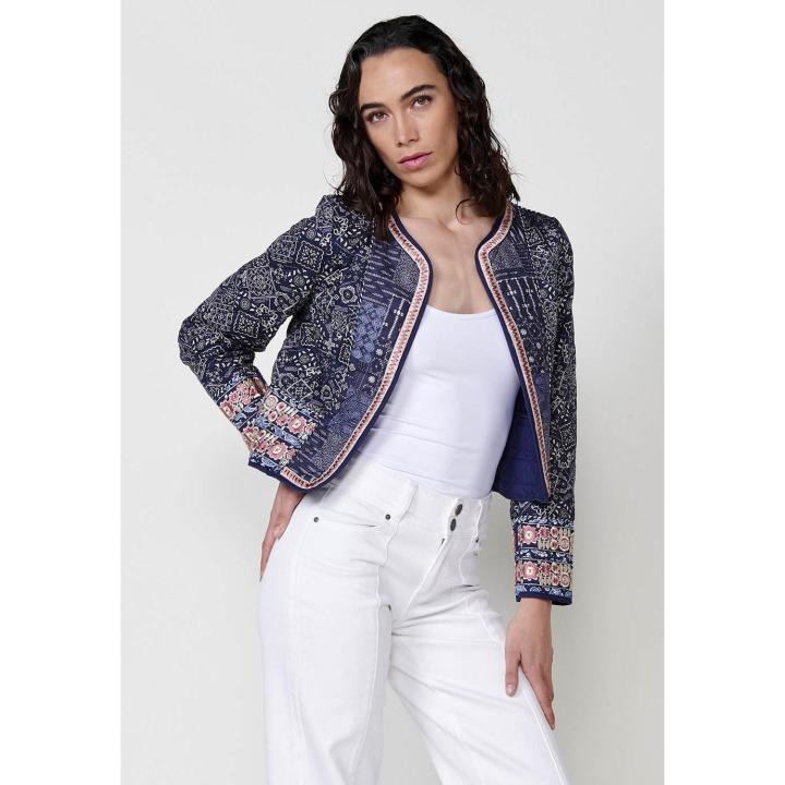 Koroshi - Chaqueta acolchada mujer con estampado tipo bandana azul marino, abierta y cuello redondo, 100% poliéster ligera y estilo bohemio