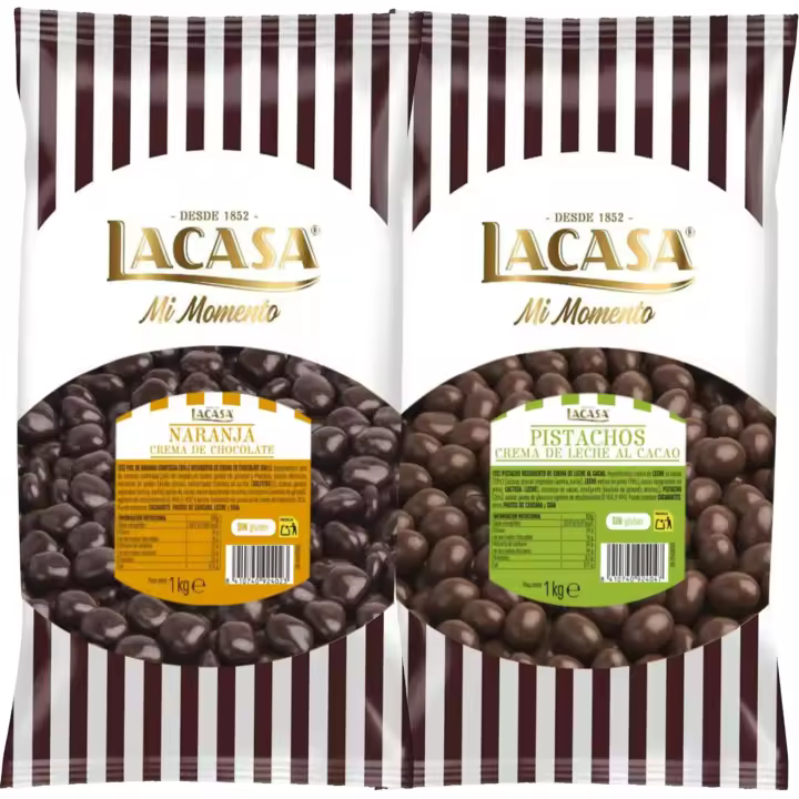 Lacasa Mi momento Pack 2 kg: deliciosas bolas de  Dados de naranja con chocolate Negro y Pistachos con chocolate Leche - 1