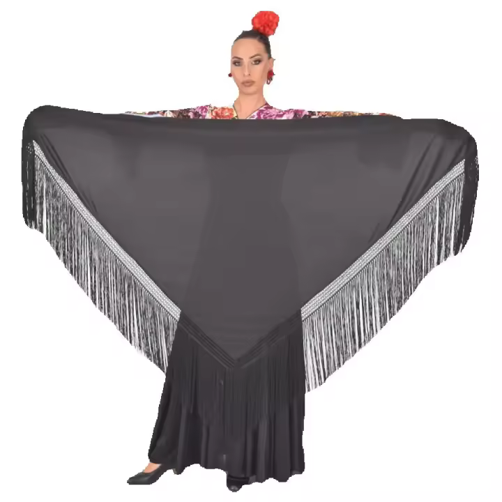 Mantón Negro Liso con Flecos Negros Anuka - 1