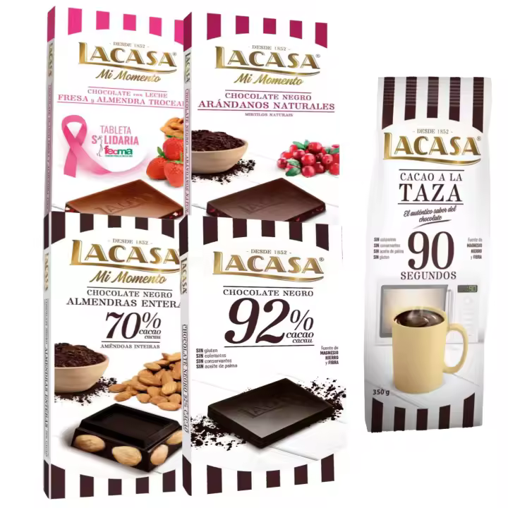 Lacasa pack de 5 tabletas de chocolate de diferentes sabores:taza 350g, arándanos , leche fresa y almendra,cacao 92% , almendra 200g - 1