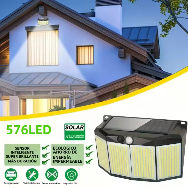 Lámpara De Pared Solar 576 LED Exterior Con Sensor De Movimiento 3 Modos De Iluminación Impermeable Luz De Calle Solar Para Camino Jardín - 1