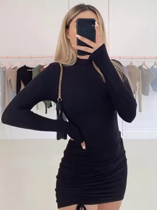 Vestido Bodycon De Encaje Ruched Con Cuello Alto Para Mujer Vestido Mini De Fiesta Sexy Y Club Estilo Slim Malla Synthética Talla Única - 1