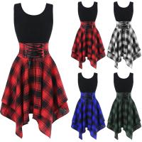 Vestido De Fiesta Para Mujeres 2024 Cuello Redondo Vacío Imprimido a Cuadros Mitad Manga Estilo Casual Largo Hasta La Rodilla - details 0