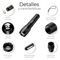 Linterna de Mano Táctica con Zoom LED T6 XML DE 1200LM | Cargador y Pila Recargable 18650 incluidos | Zoom Ajustable y 5 Modos de Luz: alto, medio, bajo, estroboscópico, SOS | Mini Linterna impermeable IP65 | Aleación de aluminio | - details 0