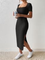 Vestido De Verano Para Mujer Con Cuello Cuadrado Y Falda De Medio Tamaño Vestido Corto Con Abertura Versátil De Poliéster Slim Fit - details 5