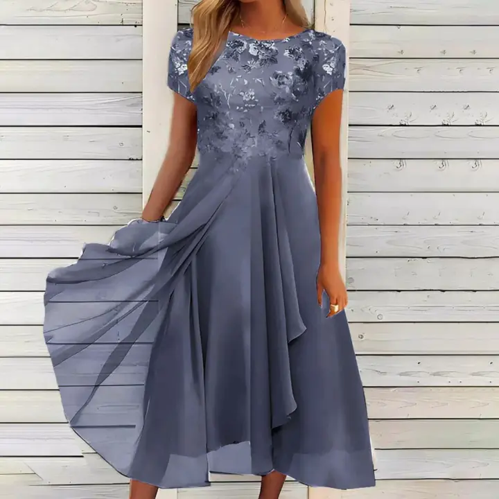 Vestido Elegante De Talla Fina Para Mujer En Chiffon Sólido Con Encaje Y Corte En O-Neck Vestido Largo Corto Con Mangas Vestido De Noche Para Damas Vestido De Novia - 1