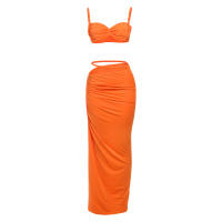 Conjunto De 2 Piezas Ruched Bandage Puss Para Mujer Verano 2025 Traje De Fiesta En Playa Estilo Sexy Con Collar Cuadrado Y Falda Larga Sin Mangas - details 1