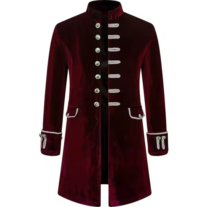 Chaqueta Steampunk Gótica Victoriana Vintage Rojo Tinto De Terciopelo Para Hombre Traje Medieval Uniforme Fiesta Halloween - 1