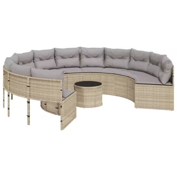 vidaXL Sofá de jardín redondo con mesa y cojines ratán PE beige - 1