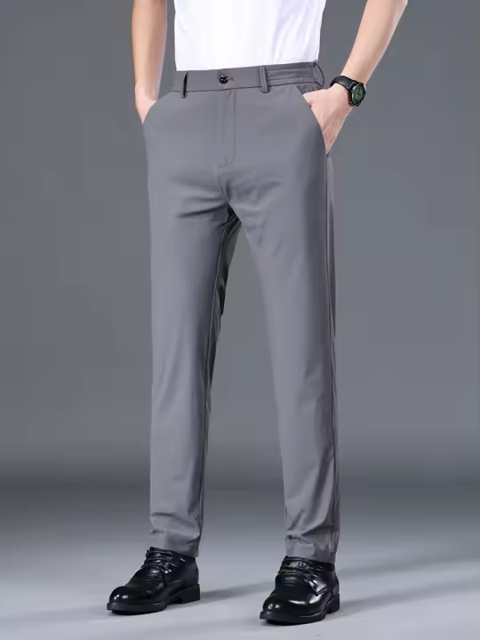 Pantalones Casuales Para Hombre Verano Delgados Elásticos Cintura Media Negro Gris Azul Estilo Clásico Coreano Formal Con Bolsillos - 1