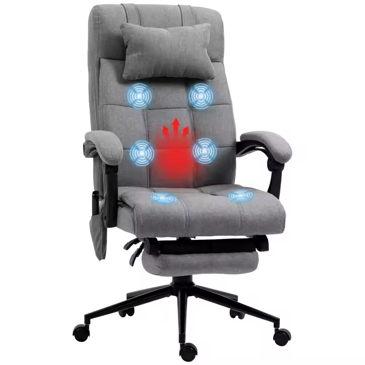 Vinsetto Silla de Masaje con 6 Puntos de Masaje y 5 Modos Silla de Escritorio Reclinable hasta 155° con Función de Calefacción Altura Ajustable Reposapiés y Ruedas para Estudio 66x76x112-120 cm Gris - 1