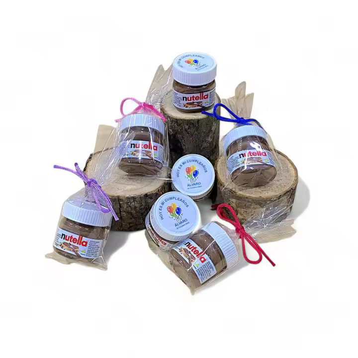 Regalos para cumpleaños infantiles niños y niñas personalizados Nutella mini 25 gr. en bolsa de regalo con lazo regalos para fiestas de cumpleaños infantiles niñas niños personalizado regalos originales para regalar en cumpleaños infantiles - 1