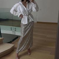 Moda Lentejuelas falda elegante largo cintura alta Oficina casual señora suelta Faldas - details 2
