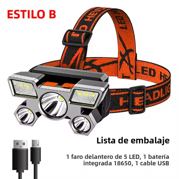 Linterna Frontal LED Recargable Con Batería 18650 Integrada Fuente De Luz Fuerte Para Camping Aventura Pesca Resistente Al Agua - 1