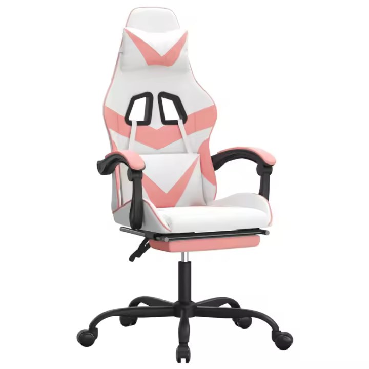 Silla Gaming con reposapiés cuero sintético blanco y rosa - 1
