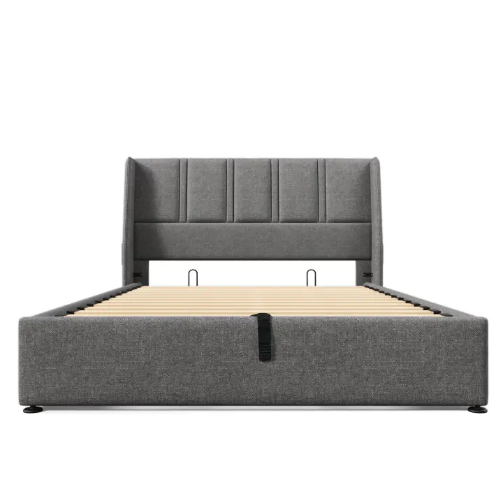 Cama Upholsted Cama de almacenamiento Puerto de carga USB/type C Bolsillo lateral Cama Doble hidráulica 160x200cm, base de listones de Madera, gris (with colchón) - 1
