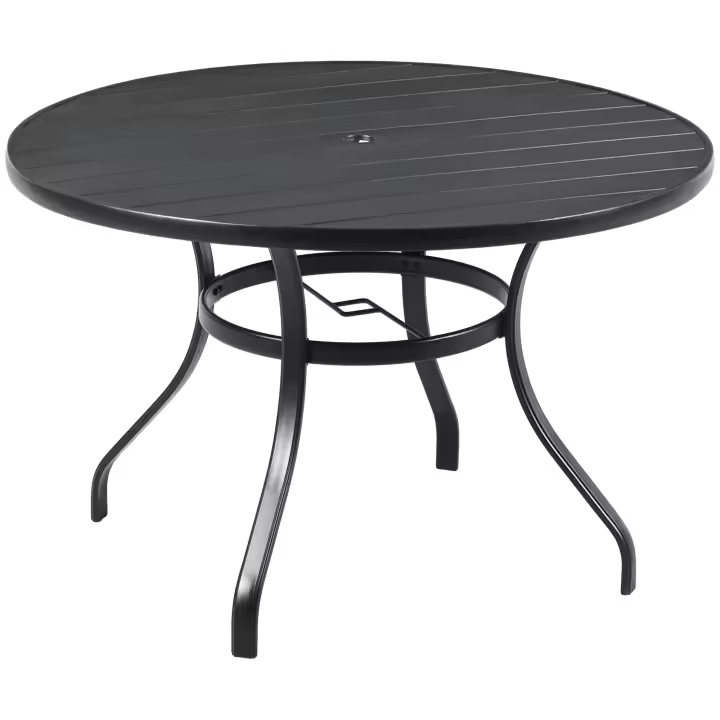 Outsunny Mesa Jardín Exterior Redonda de Acero Ø115x72 cm Mesa Terraza Exterior con Tablero de listones Agujero para Sombrilla Estable Resistente a la Intemperie Fácil de Montar Negro - 1