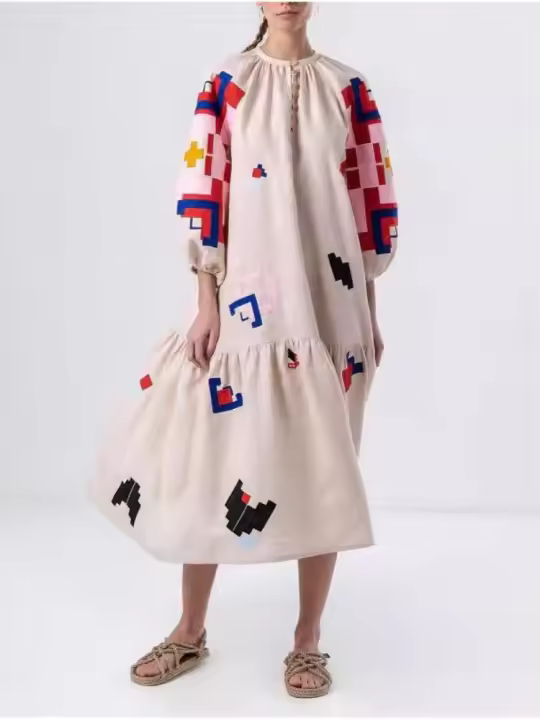 Vestido Largo Casual Bohemio Para Mujer Verano 2025 Estampado Suave Cuello Redondo Mangas Lanternas Sueltas Moda Oficina - 1