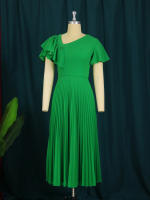 Vestido Midi Plisado Para Mujer Con Manga Corta Y Volantes Elegante Verde Amarillo A-Line Primavera Verano Chic Moda Fiesta Cumpleaños Ropa Decoración Borde Asimétrico Estilo Africano Cierre De Cremallera - details 2