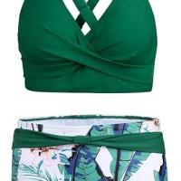 Trajes de baño de dos piezas para mujer, bikini cruzado frontal, cintura alta, parte inferior, control de abdomen, trajes de baño con estampado vintage. - details 5