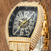Reloj De Lujo Para Hombre Con Cristales Iced-Out Tonneau Dorado Reloj De Cuarzo Con Pulsera De Acero Inoxidable Moda Diamante Analog Clock - details 3
