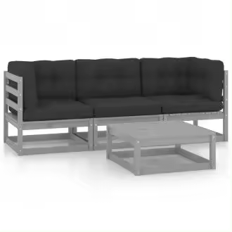 VIDAXL 3076376 conjunto de sillones y mesa de jardín de tres plazas con cojines de madera maciza de pino gris - 1