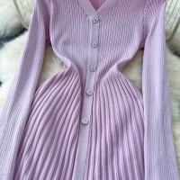 Vestido Largo Maxi Rosa Francés De Moda Con Volantes Y Cuello En V Para Mujer Abrigo De Invierno Estilo Oficina Lady - details 25
