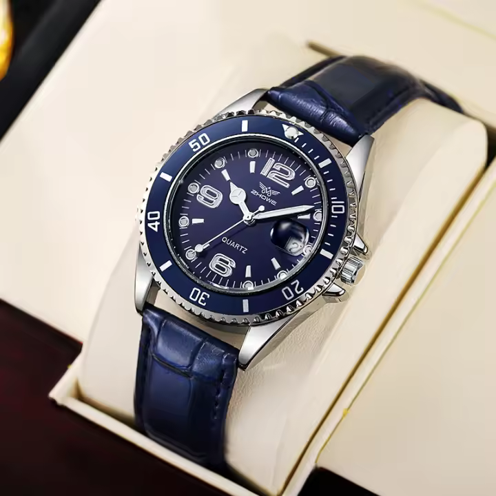 Reloj De Cuarzo Para Hombres 2022 Nueva Moda Correa De Cuero Azul Resistente Al Agua Con Marcadores Arábigos Y Calendario Completo - 1