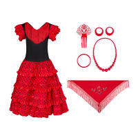 Vestido Flamenco Mujer Niña+Peineta+Collar+Pulsera+Pendientes+ mantón rojo flor , Vestido Sevillanas Español Tradicional para Feria Abril Sevilla Actuaciones Baile - details 2