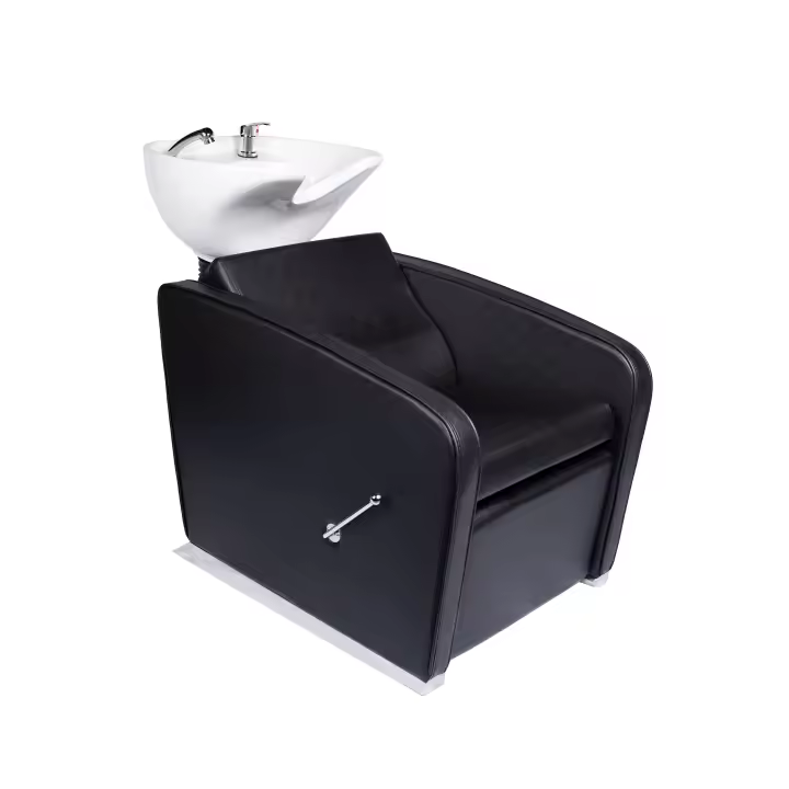 Lavacabezas de peluquería negro con reposapiernas y lavabo de cerámica blanca - 1