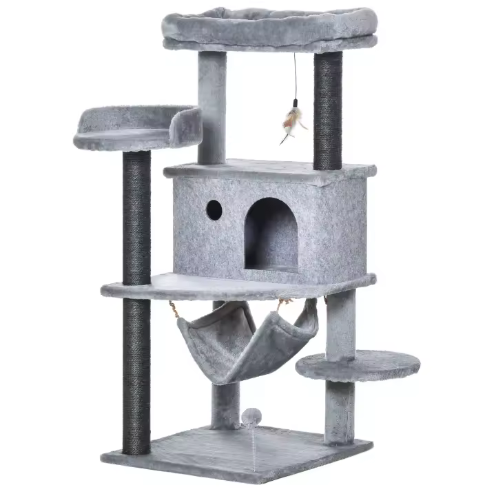 PawHut Árbol Rascador para Gatos Torre para Gatos 107 cm con Cueva de Fieltro Desmontable Hamaca Camas de Felpa Múltiples Plataformas Postes de Sisal y Juguetes Gris - 1