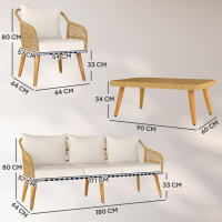 Outsunny Conjunto Jardín Exterior de Ratán con Cojines Conjunto Terraza Resistente a la Intemperie Muebles Jardín Exterior con 2 Sillones Sofá de 3 Plazas Mesa Patas de Madera de Acacia Natural - details 2
