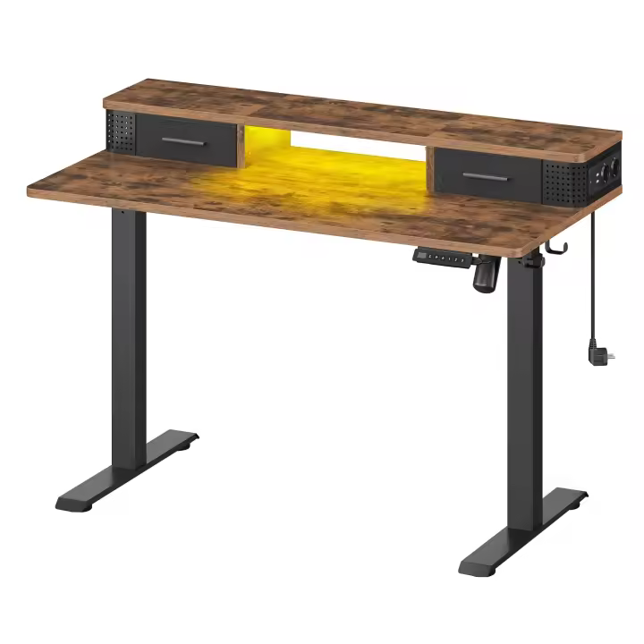 Escritorio Eléctrico Regulable en Altura 60x120cm, Uso con Ruedas Opcional, Soporte para Monitor, Gancho, Función Memoria, Marrón Rústico - 1